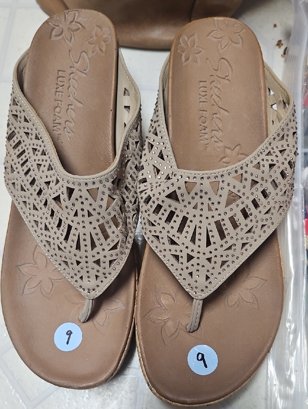 Skechers Beige Laser-Cut Thong Sandals